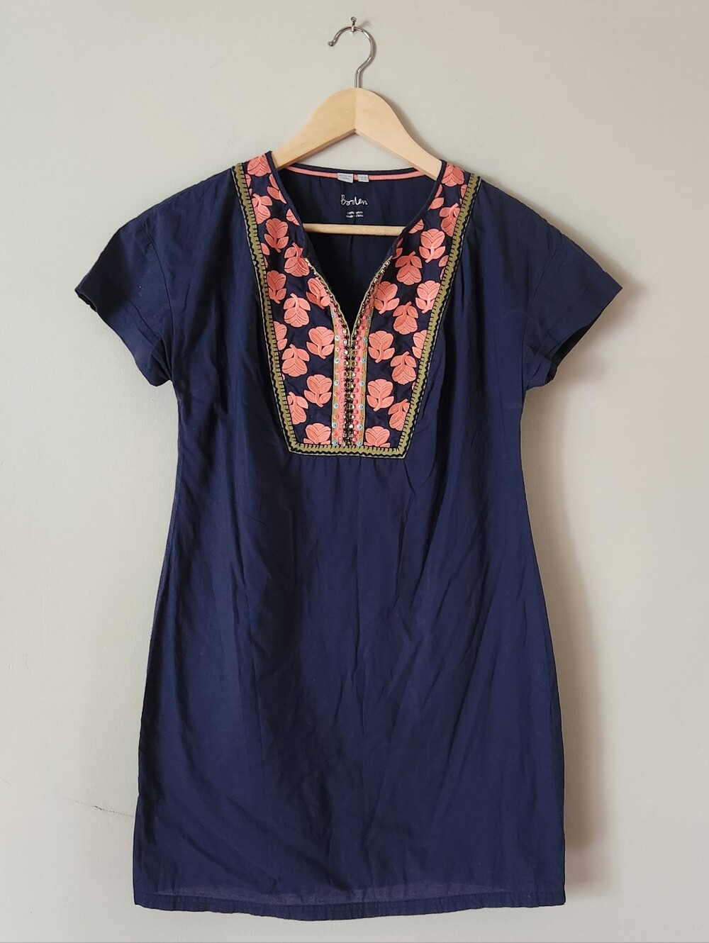 Boden Navy Dress with Coral Embroidered Yoke Sz 10